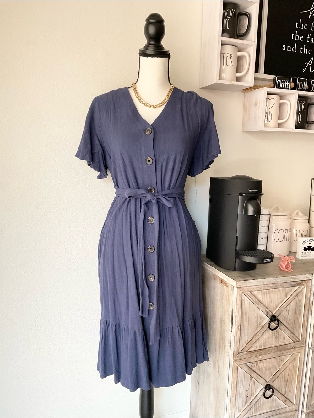 Ces Femme Navy Button-Front Dress